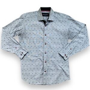 Jared Lang Gray Button Down With Black and White Rectangle Print Dress Shirt